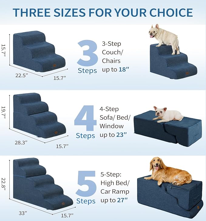 Made4Pets Dog Stairs Ramp for Small Dogs, 3-Step Dog Steps for Bed Couch Sofa and Chair, 35D Foam Pet Steps for Small Dogs and Cats, Non-Slip Bottom Pet Stairs, Navy