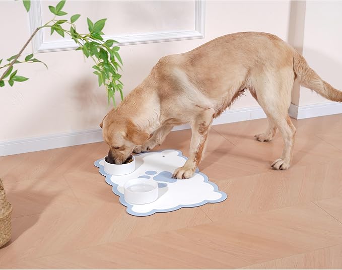 Ralxion Scalloped Dog Feeding Mat, Absorbent Mats for Dog Food and Water Bowl, Dispenser, Cute Elegant Aesthetic Preppy Water Blue Scallop Pet Placemat for Dogs, Cats, Puppy Accessories, 14" X 19”