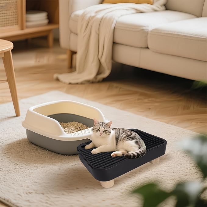 Cat Ramp Litter Box Step, Small Senior Cat Litter Box Mats Ramp for Floor with Wooden Base, Low Entry Cute Cats Food Mat Stairs Prevent Tracking, Silicone Small Litter Boxes Shield Catcher Mat Black