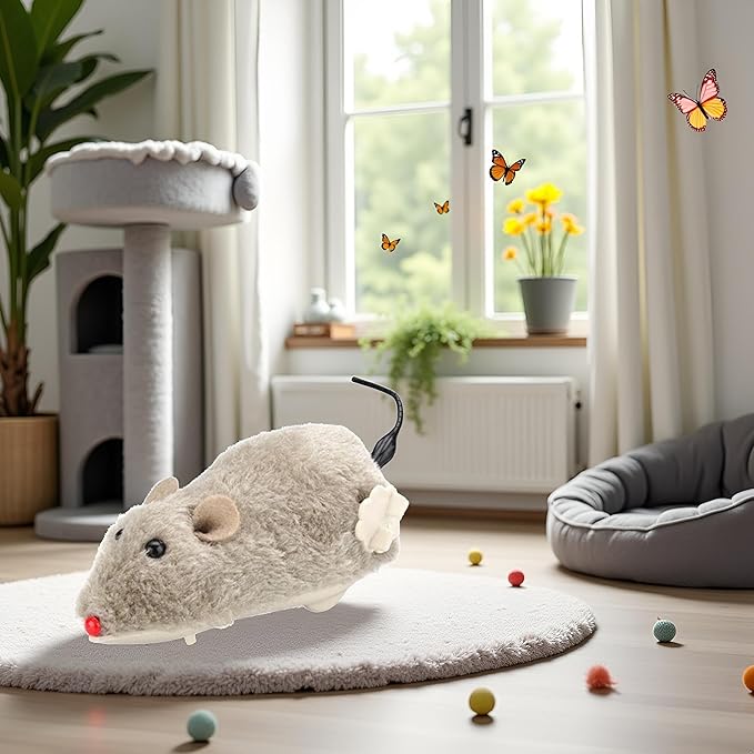 Brown Wind Up Plush Mouse - Mouse Hunting , Feathered Cat Toy, Interactive Wind Up Mouse for Cats Life Like Simulation, Plush Rats Mouse Chasing Interactive for Indoor Kitties Cat Mice and Animals