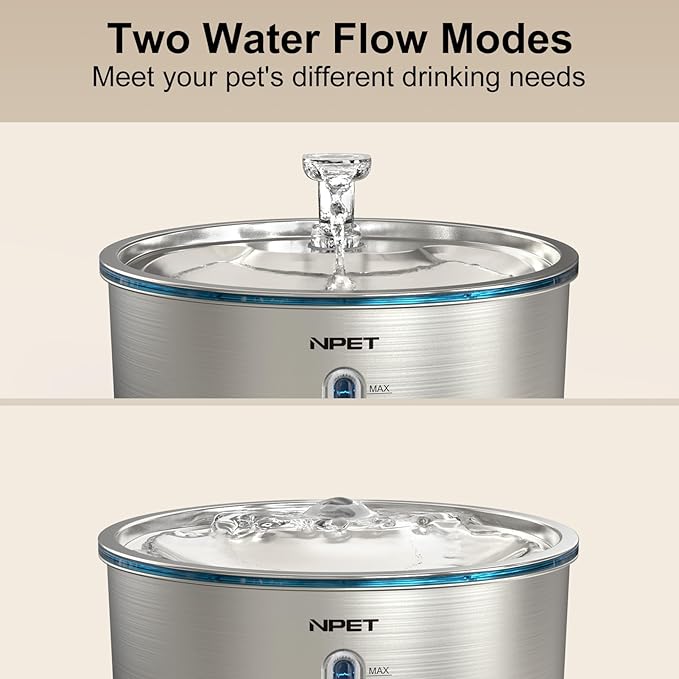 NPET Stainless Steel Cat Water Fountain, 1Gallon/135oz Automatic Pet Drinking Fountain Dog Water Dispenser Bowl with Water Level Window for Cats Indoor - WF210plus