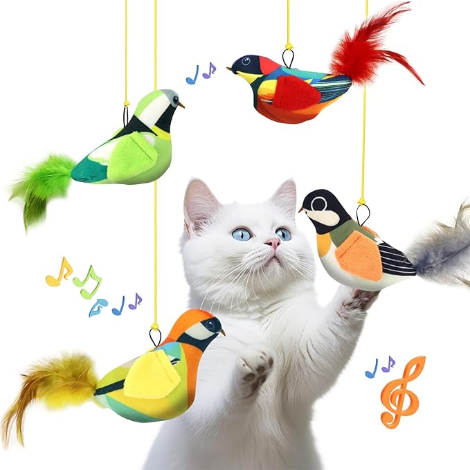 4PCS Interactive Hanging Bird Cat Toys Set - with Catnip, Realistic Chirping, Lifelike Birdie Tweets, Durable & Safe, Indoor Kitty Kitten Exercise Toys (Mini)
