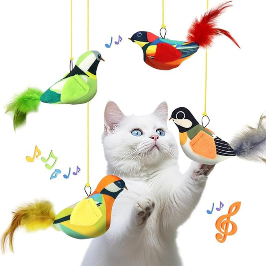 4PCS Interactive Hanging Bird Cat Toys Set - with Catnip, Realistic Chirping, Lifelike Birdie Tweets, Durable & Safe, Indoor Kitty Kitten Exercise Toys (Mini)