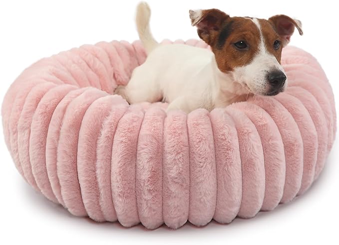 Donut Small Dog Bed Washable Cute Puppy Beds with Corduroy Fleece & Anti Slip Bottom, Round Faux Fur Pet Snuggle Beds for Large Cat, Pink, Small Breed 23x23x6 inches
