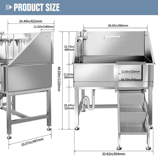 38"" Pet Dog Bathing Station W/Ramp, Professional Stainless Steel Dog Grooming Tub W/Soap Box, Faucet,Rich Accessory, Dog Bathtub for Large,Medium,Small Pets, Washing Sink for Home,R-RAMP