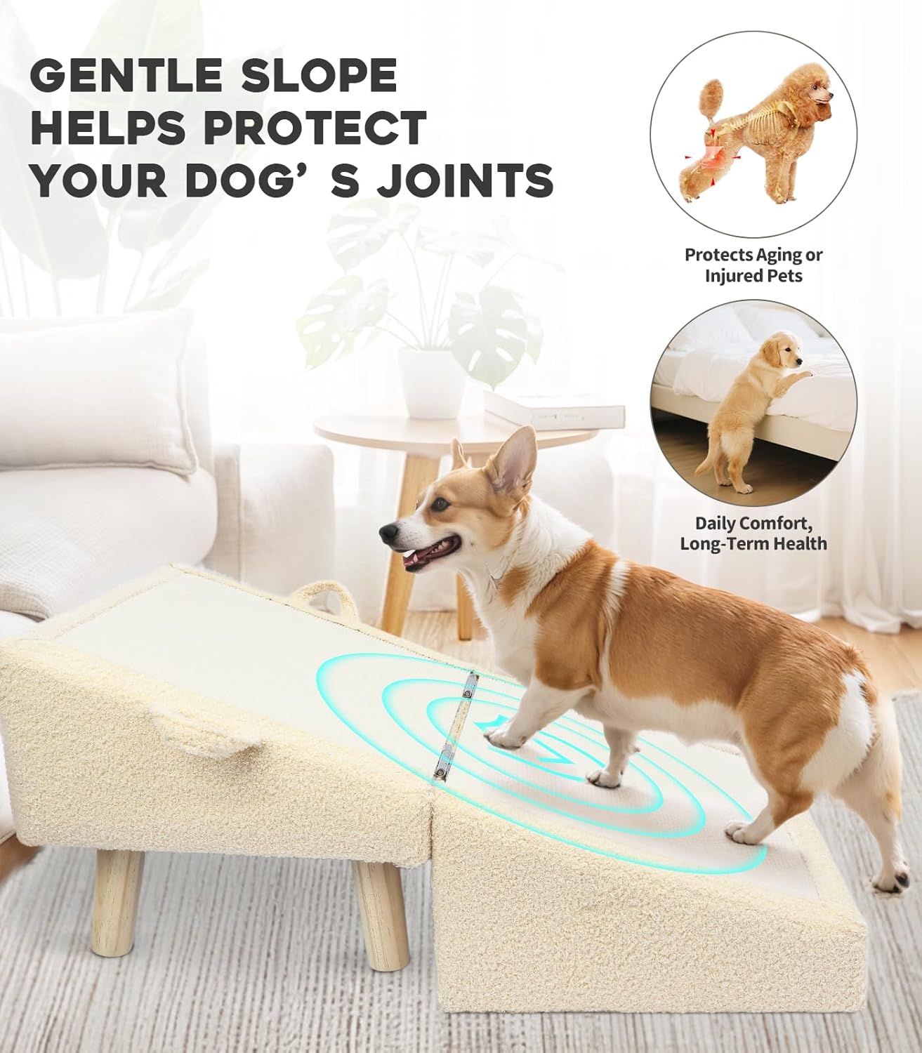 Dog Stairs for Small Dogs and Cats – 2-in-1 Dog Ramp for Bed and Couch, 16.5'' Foldable Wooden Pet Steps, Sturdy Multi-Use Split Ottoman Design, Beige