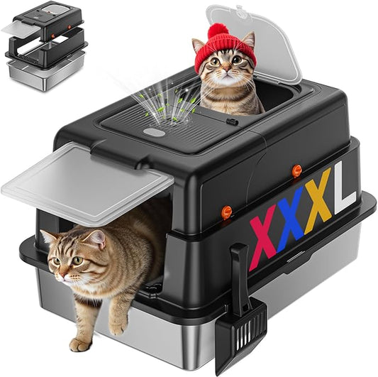 Stainless Steel Litter Box with Lid, 28" XXXL Large Cat Litter Box Enclosure for Multiple Cats, Odor Control with Carbon Filters, Anti-Leak High Sided, Includes Removable Lid & Scoop, Black