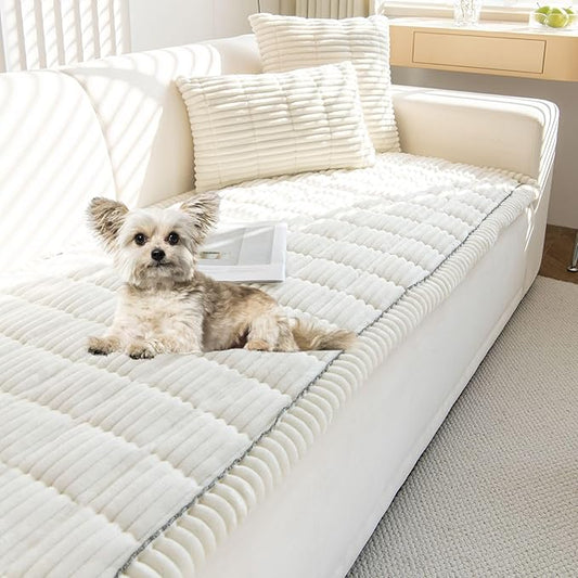 Faux Fur Plush Dog Couch Cover 3D Stripe Fuzzy Sofa Cover Non-Slip Fluffy Dog Bed Cover Pet Blanket Sofa Couch Furniture Protector for Puppy Large Dog Cat (Cream,31"x47")