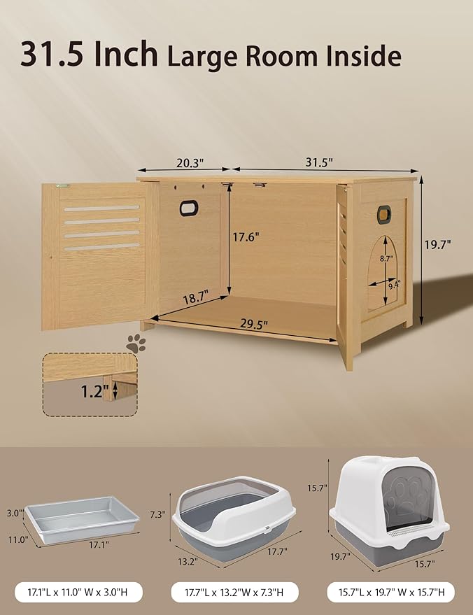 DINZI LVJ Litter Box Enclosure, Cat House with Good Ventilation, Entrance Can Be on Left or Right Side, 31.5" Long Hidden Washroom for Most Litter Box, Cat Furniture Cabinet, Natural
