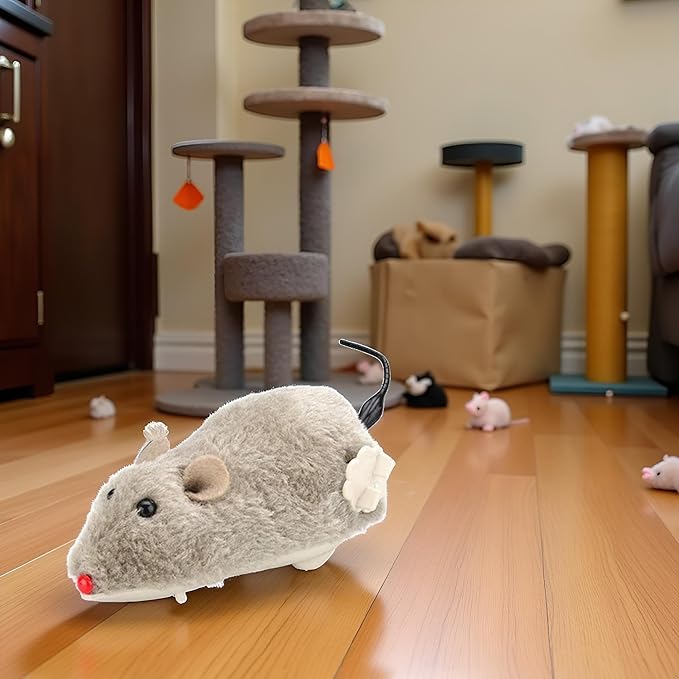 Brown Wind Up Plush Mouse - Mouse Hunting , Feathered Cat Toy, Interactive Wind Up Mouse for Cats Life Like Simulation, Plush Rats Mouse Chasing Interactive for Indoor Kitties Cat Mice and Animals