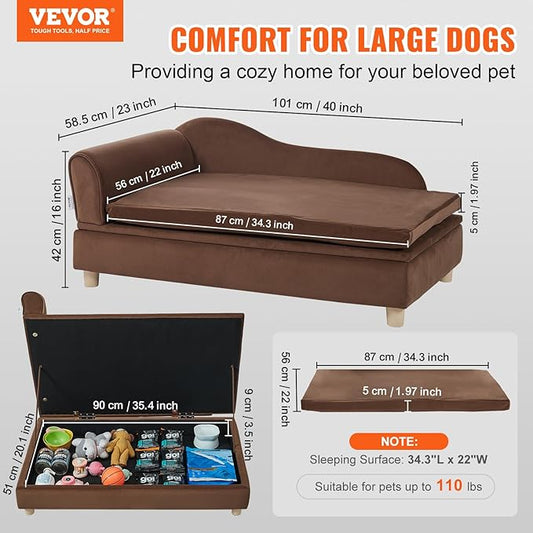 VEVOR Large Dog Couch Sofa Bed for Small Dogs and Cats, Soft Velvety Pet Sofa Bed, 60 lbs Loading Cat Sofa, Dark Brown