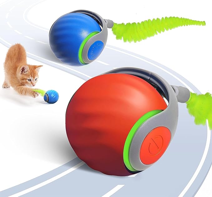 2PCS Speedy Tail Cat Toys 2.0, Interactive Cat Ball Toy for Bored Indoor Cats, Automatic Moving Pet Play Balls, Two Speed Adjustment with Replacement Tail