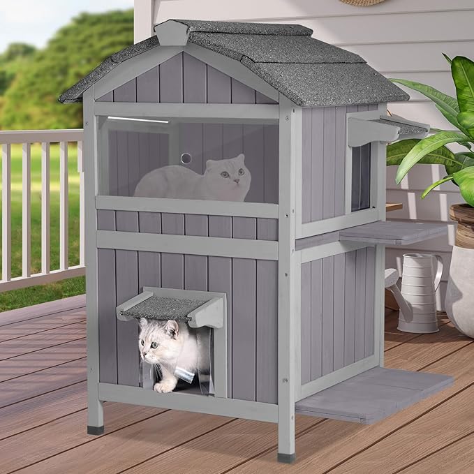GUTINNEEN Cat House Outdoor Weatherproof Feral Cat Shelter with Removable Floor, 2-Story Wooden Kitty House with Escape Doors and Window