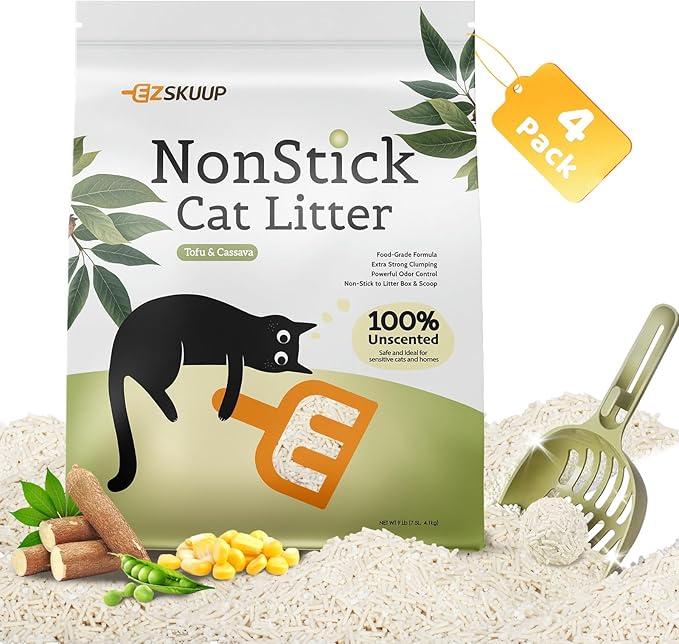 Non-Stick Strong Clumping Cat Litter, 4Packs Plant Odor Control Tofu Cat Litter + Cassava Mixed Litter, Low Dust Easy to Scoop, Light Color for Health Tracking, 36Lb