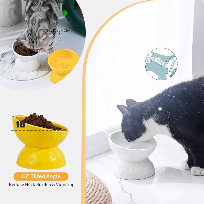 AOMRYOM Ceramic Tilted Raised Cat Food and Water Bowl Set, Elevated Stress Free Feeding Pet Bowl Dish for Cats and Small Dogs, Protect Cat's Spine, White & Yellow, Set of 2