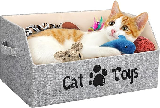 2X Thicker Large Cat Toy Bin Collapsible Cat Toy Box Sturdy Cat Toy Basket Kitten Toy Storage Bed for Organizing Cat Toys Treats Clothes and Accessories (Grey)