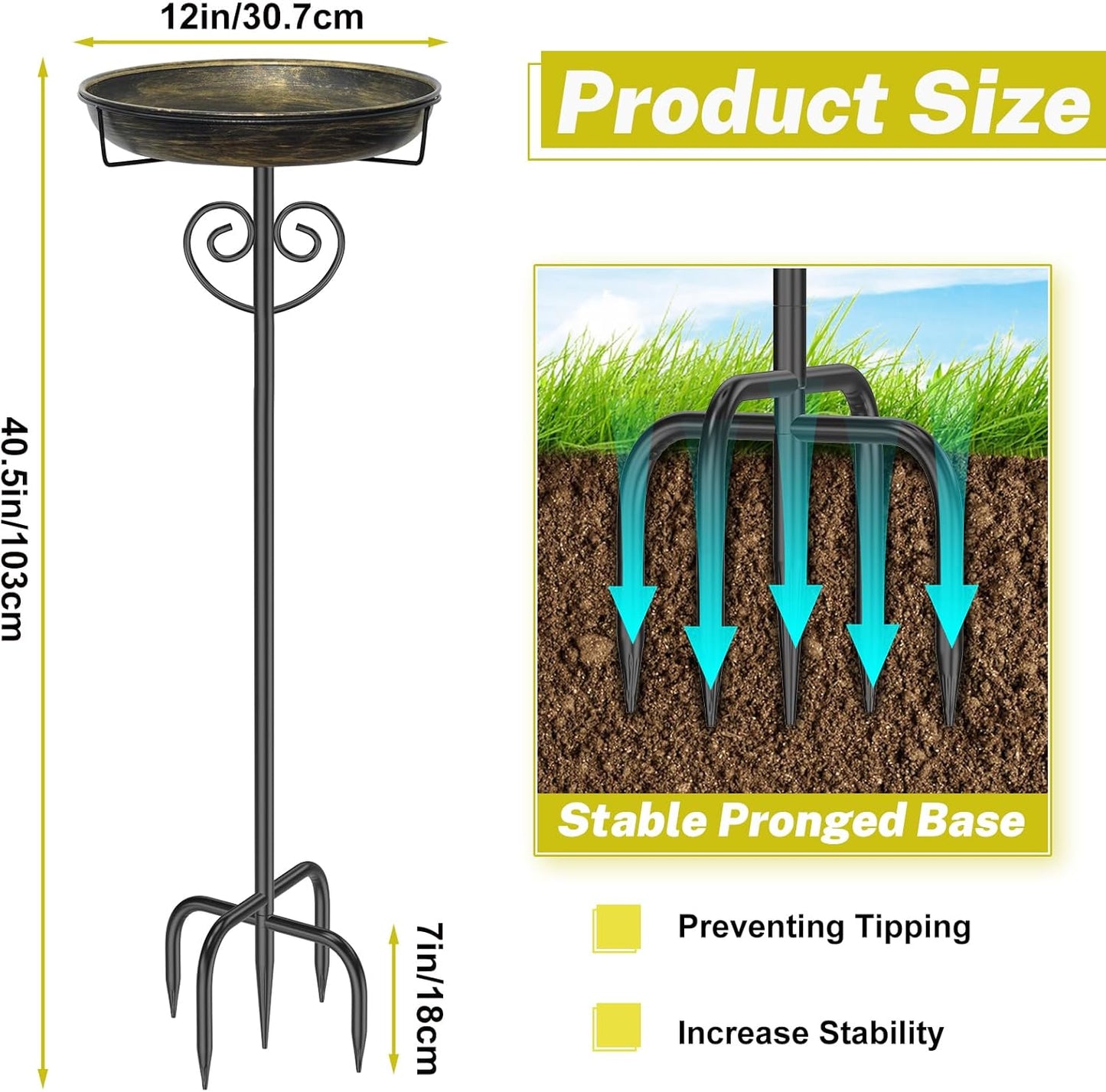 Metal Bird Bath for Outside, Freestanding Bird Bath Bird Feeder Bowl with 5-Pronged Base Stake Detachable Birdbaths Bowl for Outdoors Garden Patio Yard Lawn Decor (Vintage Gold)