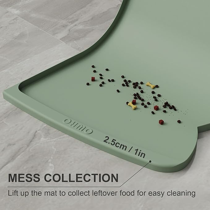 OHMO Dog Food Mat(Sage Green, 24 * 15'') w/Residue Collection Pocket Silicone Pet Feeding Mat for Floor High Edges Anti Spills Waterproof Cat Water Bowl Tray, Easy Clean Placemat