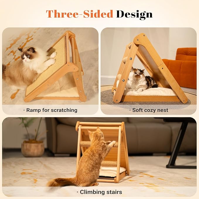 Sisal Cat Scratcher Ramp with Cushion, 20" x 14.1" Large Foldable Scratch Board Cats Scratching Post, Wooden Cat Furniture