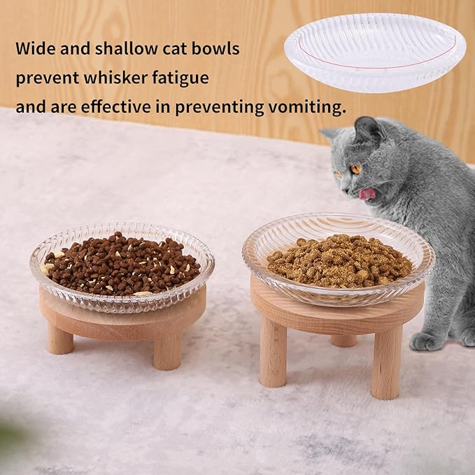 Raised Whisker Fatigue Cat Bowl. Glass Cat Bowls Elevated with Wooden Legs in 2 Heights. Protect The Spine and Prevent Vomiting. 2PCS. KGCCIZI
