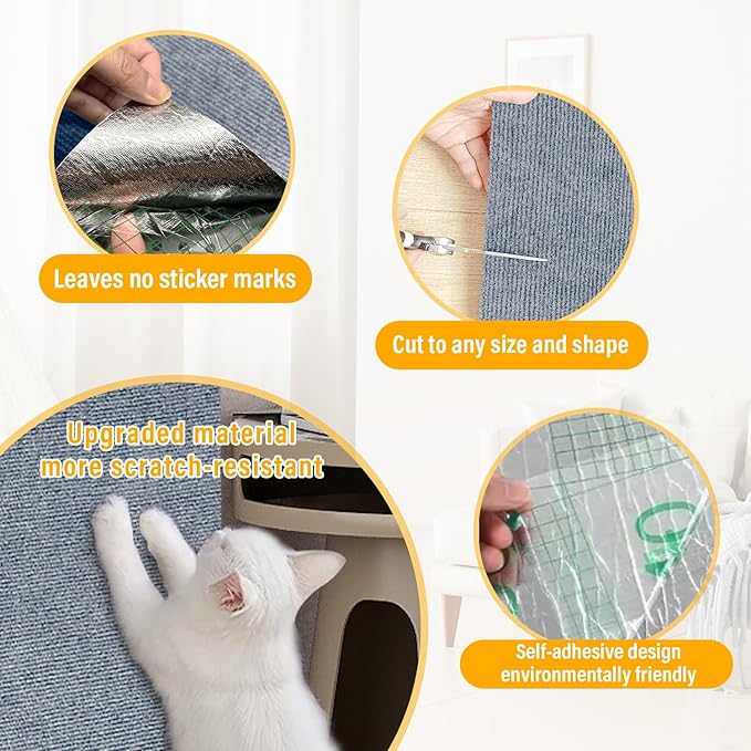 Cat Scratch Mat,118.5"x17.4" Trimmable Self-Adhesive Cat Scratch Furniture Protector, Sticky Cat Scratcher Wall Mat, Covering Cats Tower, Couch Protector from Cats Claws (Light Grey)