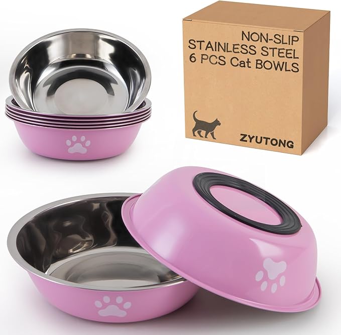 6 PCS Stainless Steel Cat Bowls, Non-Slip Stainless Cats Food Bowl Metal Cat Dishes Whisker Fatigue Kitten Plates Shallow Wide Kitten Bowls, 5.5” Whisker Friendly Food Dish