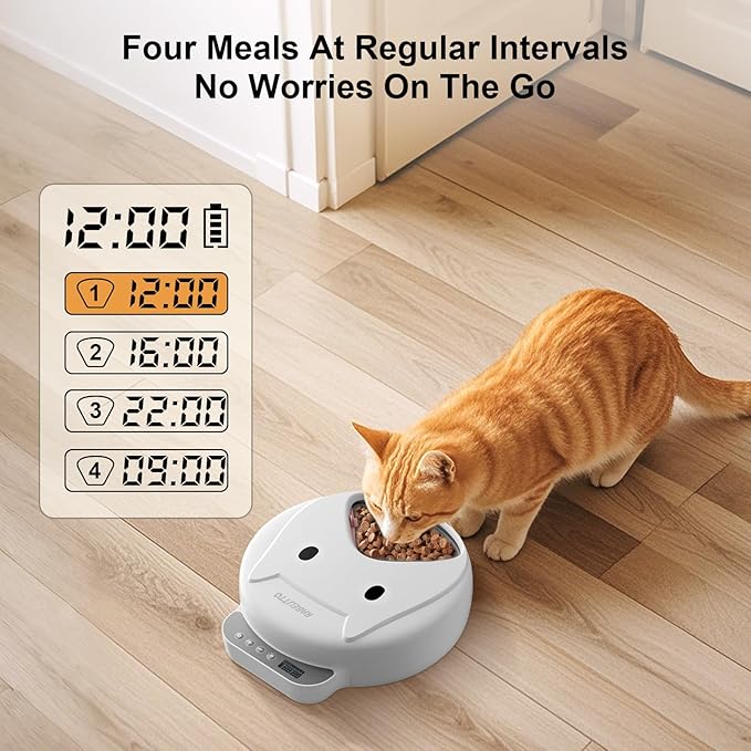 Automatic Cat Feeder Wet&Dry Food-Cordless Pet Food Dispenser-Pet Fresh Food Refrigerated Container with 2 Ice Packs,Programmable Timer Battery Powered Feeder for Cat Samll Dog-4 Meals Per Day-White