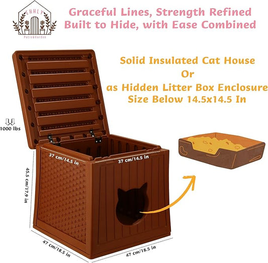 Heavy Duty Cat House Waterproof, Hidden Cat Litter Box Enclosure with Flip Lid for Easy Cleaning, Extra Thick Insulated Cat House Outdoor, Winter Feral Cat Shelter Weatherproof, Caramel