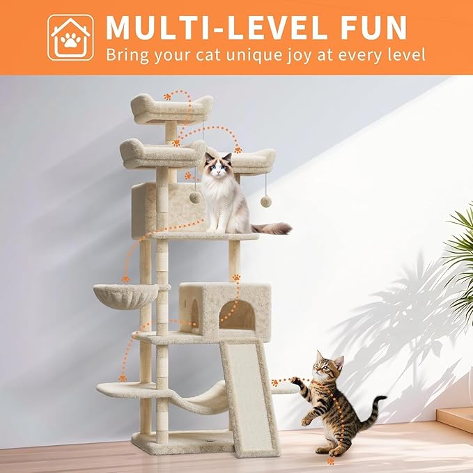 68.5 Inch Multi-Level Cat Tree, Plush Cat Tower with Condo/Sisal Scratching Posts/Hammocks/Basket/Dangling Ball/Platform, Heavy Duty Cats Tree to Play and Sleep, 2605#Beige