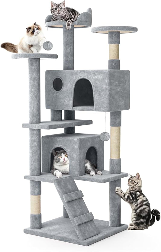 MoNiBloom Cat Tree, 70 Inch Cat Tree Tower with 2 Condo, Tall Cat Tower with Scratching Post, Cat Climbing Tower, Cat Tree for Indoor Cats, Light Grey