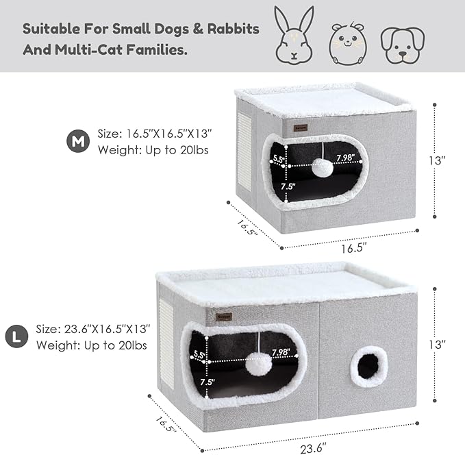 Cat Bed for Indoor Cats Cube House, Covered Cat Cave Beds & Furniture with Scratch Pad and Hideaway Tent, Cute Modern Cat Condo for Multi Small Pet Large Kitten Kitty, Large, Grey