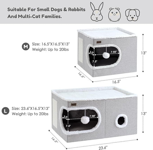 Cat Bed for Indoor Cats Cube House, Covered Cat Cave Beds & Furniture with Scratch Pad and Hideaway Tent, Cute Modern Cat Condo for Multi Small Pet Large Kitten Kitty, Navy