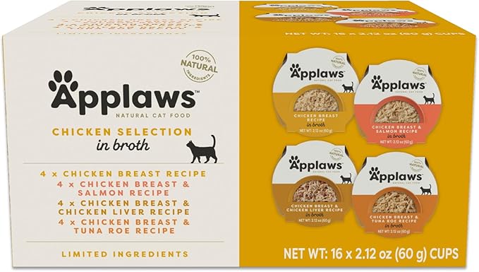 Applaws Natural Wet Cat Food, Limited Ingredient, Grain-Free, Protein with No Artificial Additives, Variety Chicken Selection in Broth (16 x 2.12 oz Easy-Open Cups)