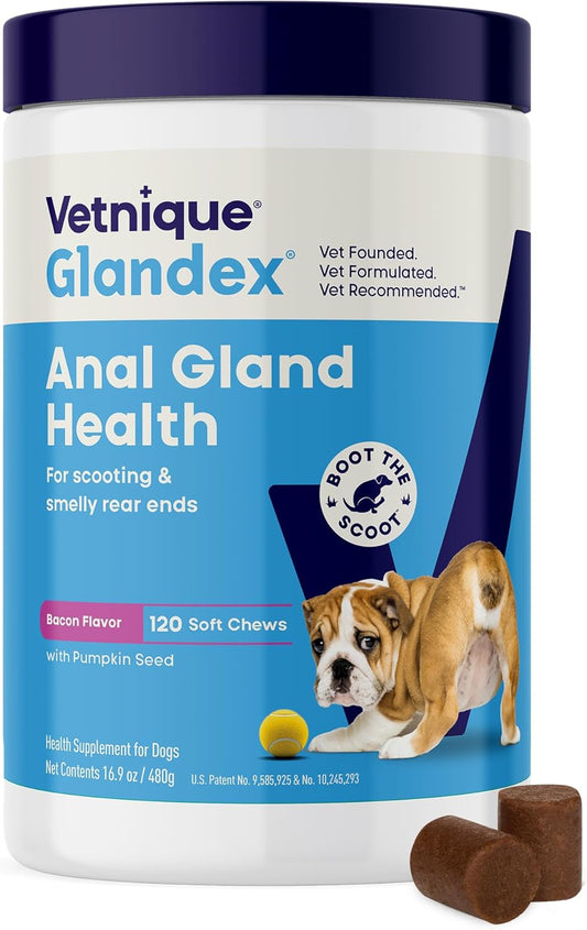 Vetnique Labs Glandex Anal Gland Soft Chew Treats with Pumpkin for Dogs Digestive Enzymes, Probiotics Fiber Supplement for Dogs Boot The Scoot (Bacon/Pork Chews, 120 Count)