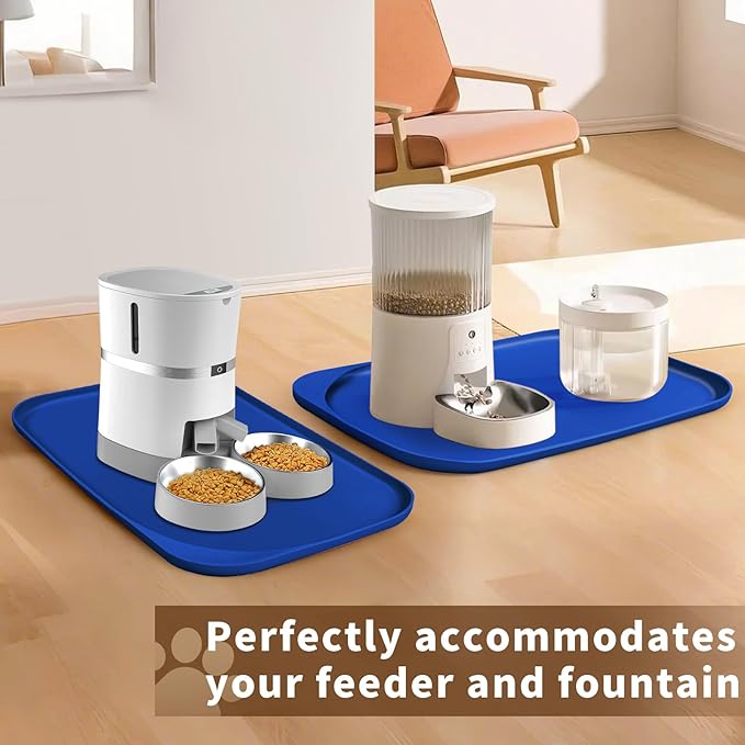 Silicone Pet Feeding Mat with Raised Edge & Residue Collection Pocket for Food and Water, Dog Bowl Mats, Cat Bowls Placemat with High Lip for Floor Waterproof, 19 x 12 x 0.7 Navy Blue