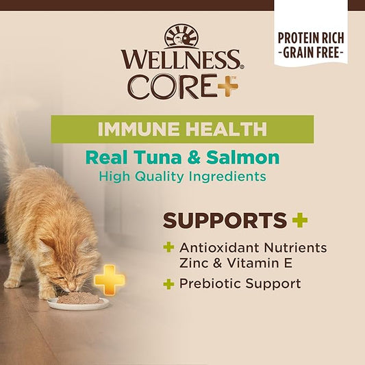 Wellness CORE+ Immune Health Pate Adult Wet Cat Food, Natural, Protein-Rich, Grain Free, 2.8 Ounce, 12 Pack (Tuna & Salmon)