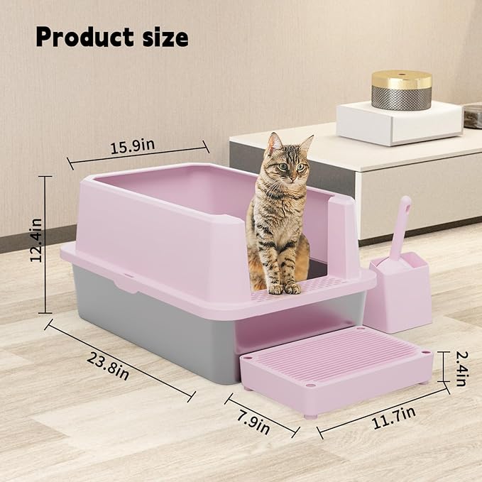 RIZZARI Stainless Steel Cat Litter Box, Semi-Closed Litter Box with High Edges, Large Odorless Litter Pan with for Small to Large Cats (Pink, 1 Pack)