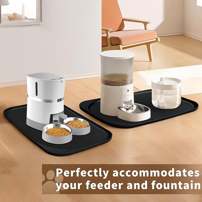 Silicone Pet Feeding Mat with Raised Edge & Residue Collection Pocket for Food and Water, Dog Bowl Mats, Cat Bowls Placemat with High Lip for Floor Waterproof, 24 x 16 x 0.8 Black