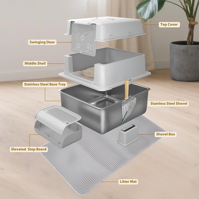 XXXXL Jumbo Stainless Steel Litter Box with Lid for Maine Coon, 28" L x 20" W x 19" H Extra Large Stainless Steel Cat Litter Box for Big Cat and Multi-Cats Families,Non-Sticky, Anti-Leakage