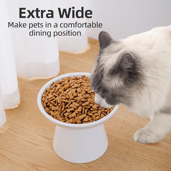 6.2 Inch Extra Wide Elevated Ceramic Cat Bowls, Food and Water Bowl Set for Elder Big Cats Small Dogs, Raised Design for Pet Easy Eating, Protect Cat's Spine Set of 2(White)