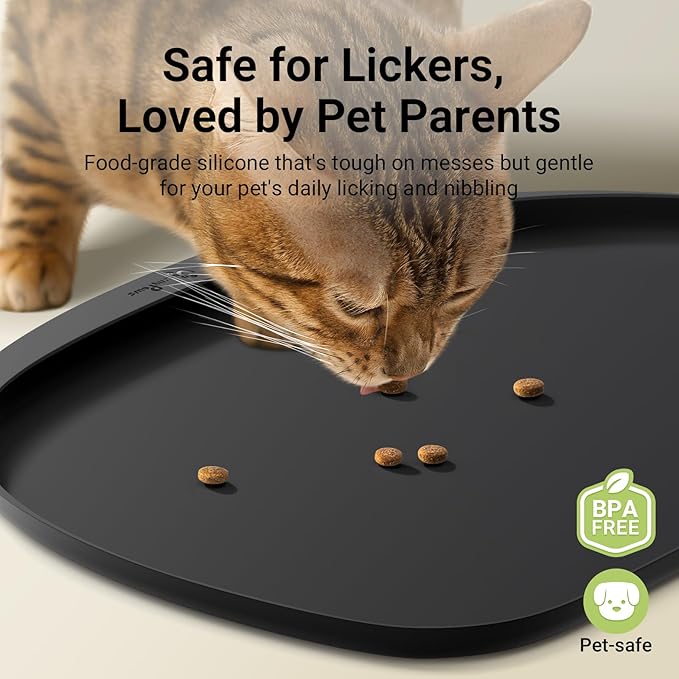 DownyPaws Dog Food Mats for Floors Waterproof, BPA Free Silcone Dog Bowl Mat, Non-Slip Pet Feeding Mat with High Raised Edge, Cat Placemat for Messy Drinkers, 24"×17", Black