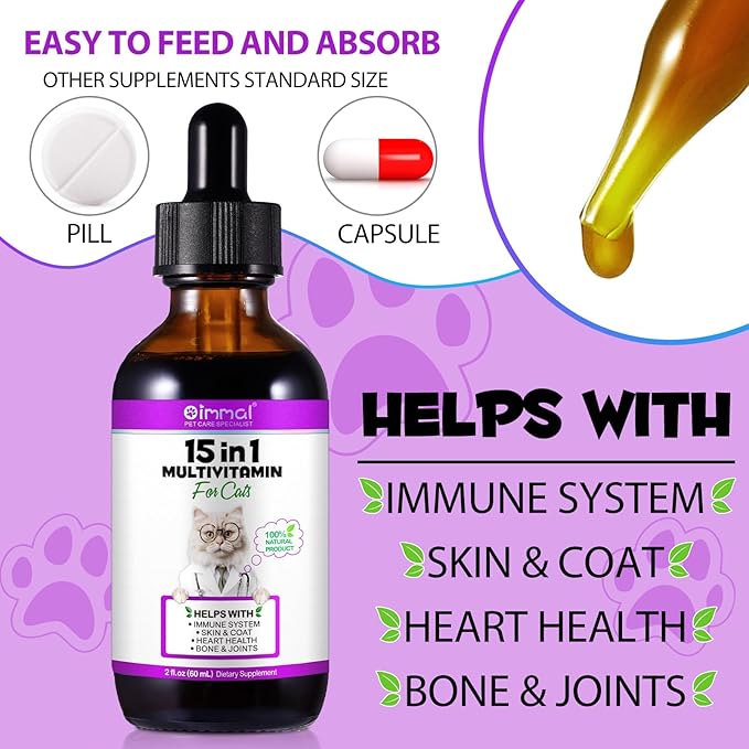 Cat Vitamins, 15 in 1 Cat Multivitamin Liquid Drops, Cats Vitamins and Supplements with Glucosamine and Probiotics, Vitamin for Cats Skin Coat, Immunity, Gut Digestion, Joint, Heart, 60ML