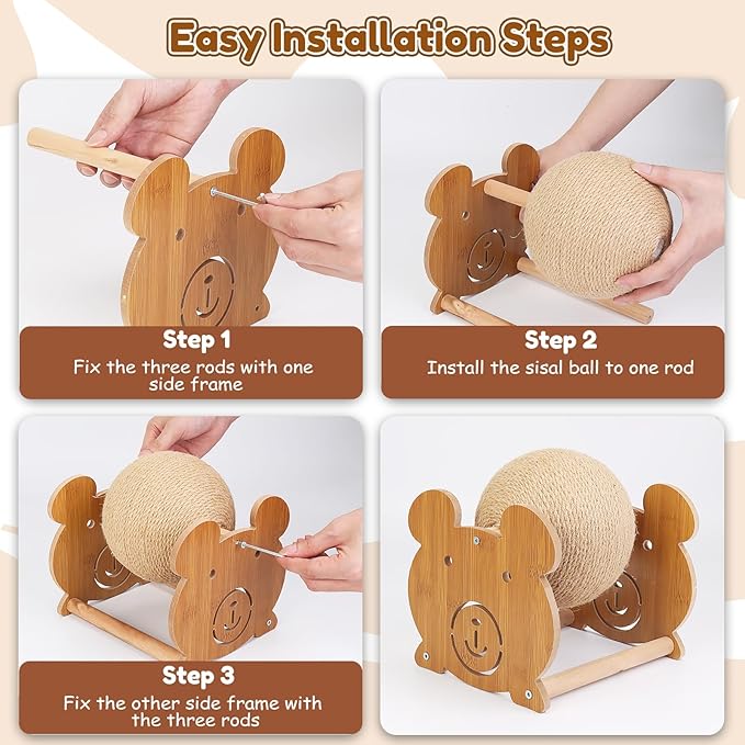 Outamateur Cat Scratching Ball Toy, Sisal Scratching Ball with Cute Stable Stand, Interactive Play and Exercise Toy for Kittens, Cats, Small Pets (Bear)