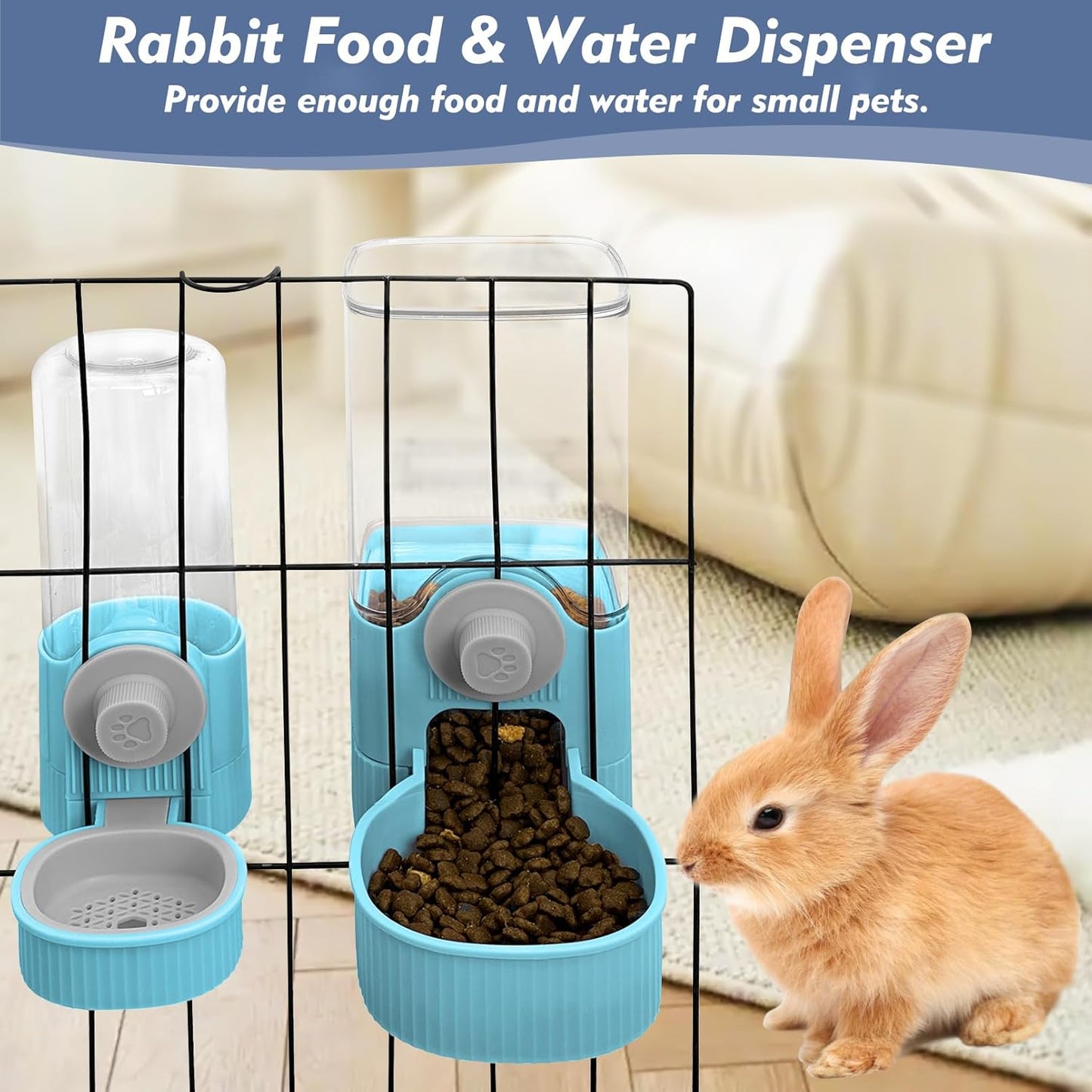 Fhiny Rabbit Food Dispenser, 40oz Large Capacity Hanging Gravity Bunny Feeder for Cage Automatic Guinea Pig Feeding Bowls Pet Food Storage for Guinea Pig Bunny Ferret Chinchilla Cat Puppy