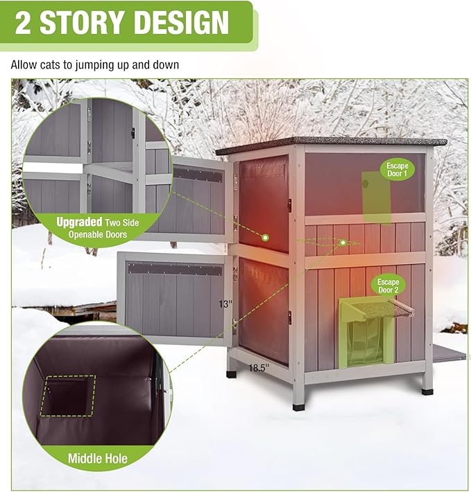 GUTINNEEN Insulated Outdoor Cat House Weatherproof with Insulation Liner for Winter, 2-Story Wooden Feral Shelter with Acrylic Window, Openable Asphalt Roof, Escape Doors