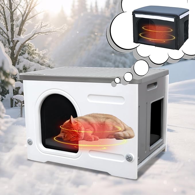 Plastic 100% Insulated Outdoor Cat House with Insulated Liner, Outdoor Cat Houses for Winter, Waterproof Outside Cat Shelter, Clean and Assemble Easily-Grey