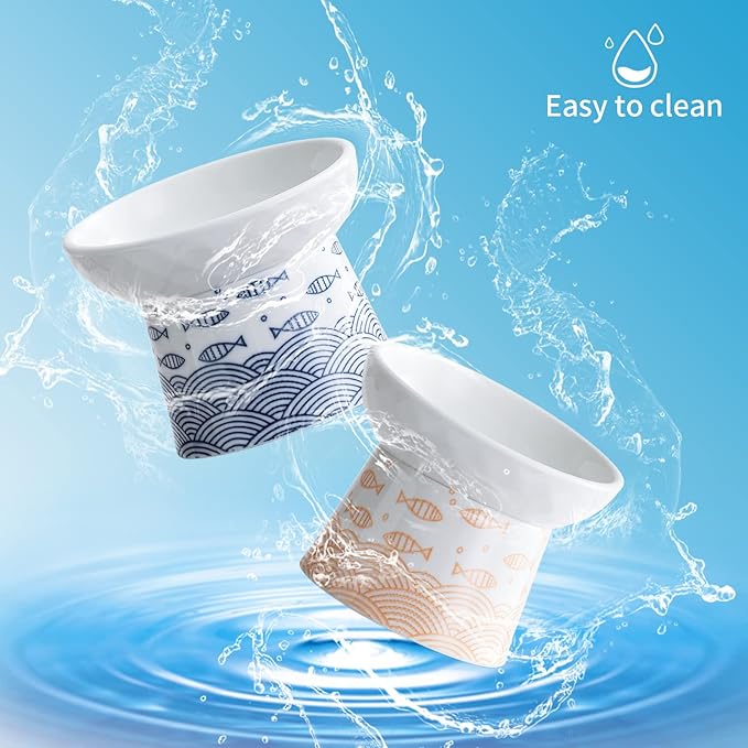 OMAYKEY Ceramic Raised Cat Bowls, Elevated Tilted Cat Food and Water Bowls Set, Porcelain Stress Free Pet Feeder Dish for Cats and Small Dogs, Dishwasher and Microwave Safe, Set of 2