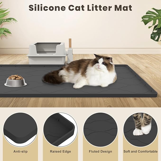 Cat Mat for Litter Box, 38" X 26" Large Silicone Cat Litter Trapping Mat, Easy Clean for Scatter Control, Soft on Kitty Paws, Waterproof, Urine-Proof, Non-Slip Kitty Litter Mat for Floor, Black