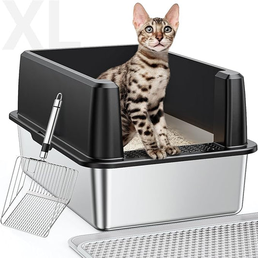 XL Stainless Steel Litter Box, Large Metal Cat Litter Box with High Sided for Big Cats, Enclosed Litter Boxes with Lid, Easy-Clean Cat Litter Mat & Scoop Kit, Anti-Urine Leakage (Black)