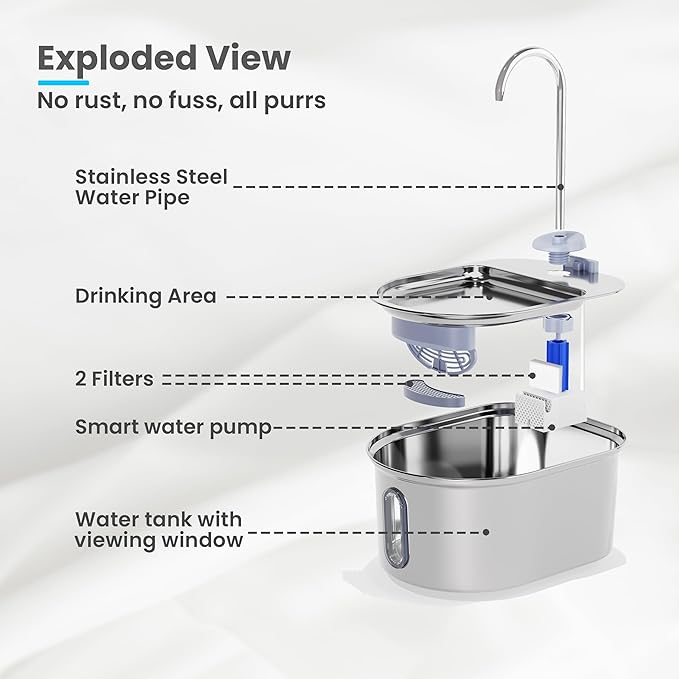 Cat Water Fountain Stainless Steel, 108oz/3.2L Quiet Automatic Water Dispenser for Dogs, Safe Auto Shut-Off, Large Oval Pet Water Fountain for Cats Indoor with 1 Replacement Filter
